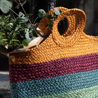 Natural Jute Bag with Round Handles & Bold Stripes by Peace of Mind